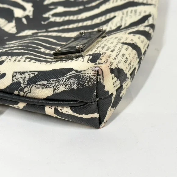 L.A.M.B. Gwen Stefani Black & White Zebra Newspaper Print Top Zip Cosmetic Bag - Picture 3 of 7